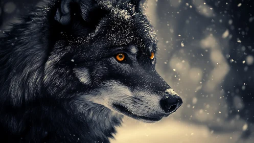 Majestic wolf gazes through falling snow in wintry silence.