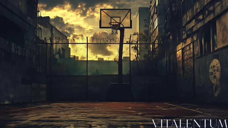 Urban basketball court at dusk under dramatic clouds.