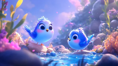 Two Adorable Cartoon Bluebirds by a Stream in Dreamy Pastel Landscape.