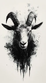Black ink goat portrait with dripping splatter edges.