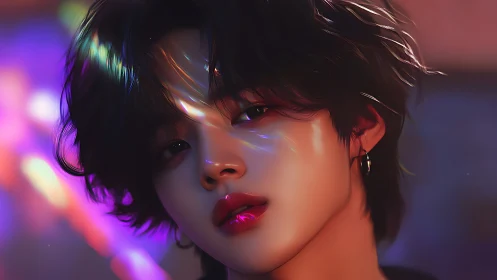 Digital portrait of youthful figure in colored light field.