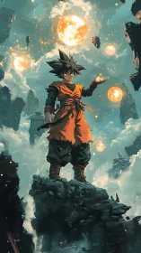 Saiyan warrior commands radiant orbs in stormed sky.