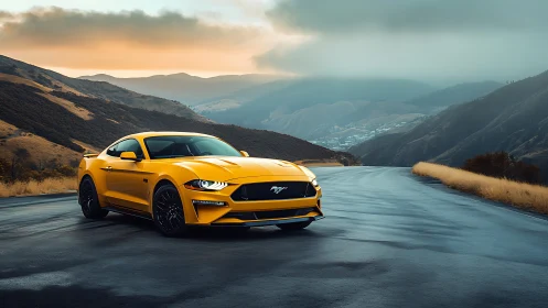 Yellow sports coupe stands on misty mountain highway at dusk