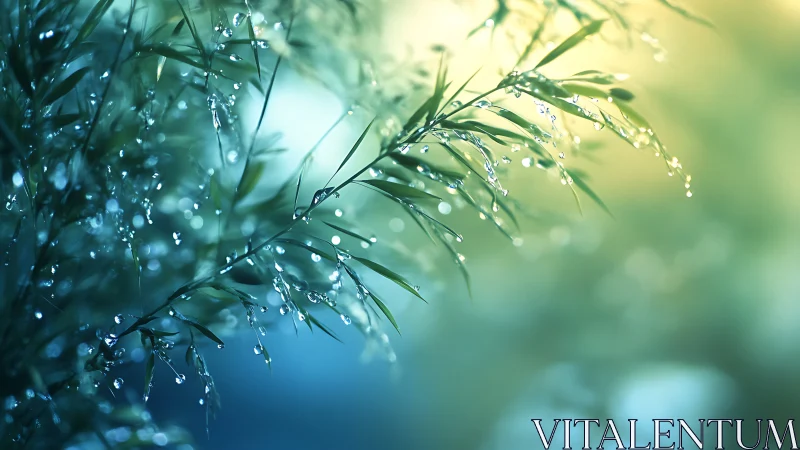 Dewlit grass blades in cool teal bokeh morning glow.
