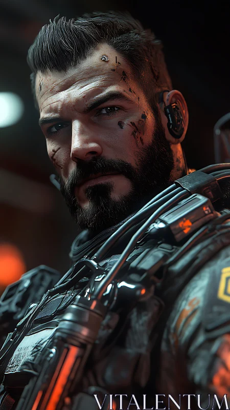 Cybernetic soldier portrait with tactical armor detail rendering.