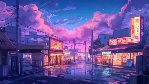Neon‑lit Japanese street under rain‑soaked dusk sky reflections