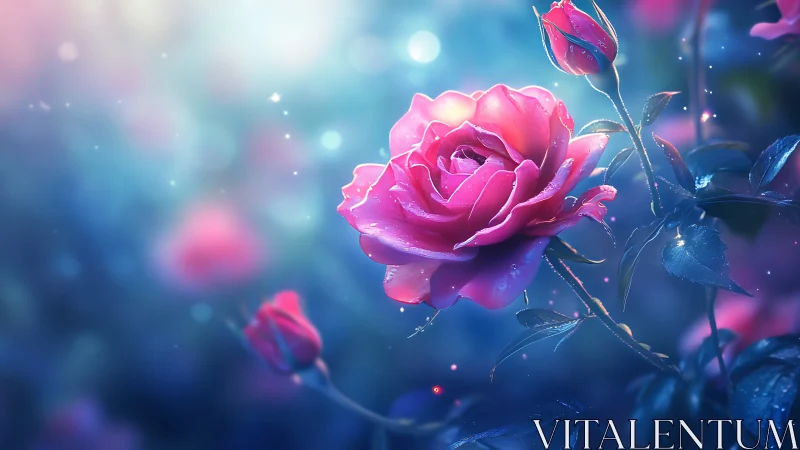 Magenta Rose with Bokeh Illumination in Twilight Blue Atmosphere
