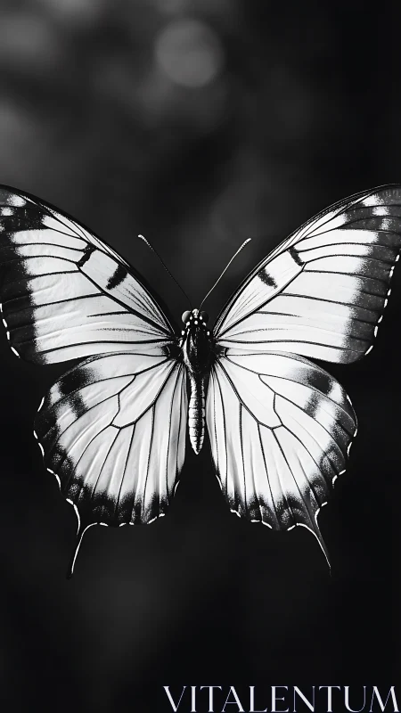 Monochrome butterfly poised like living ink on twilight air.