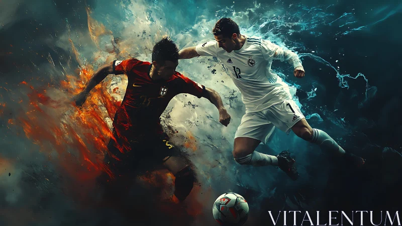 Rival soccer players clash amid explosive fire and ice energy