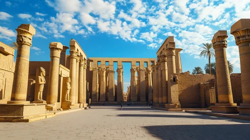 Sunlit pharaoh colonnade under a restless Egyptian sky.