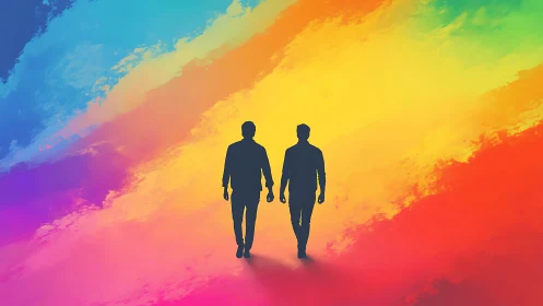 Silhouetted pair walking across vivid rainbow gradient field.