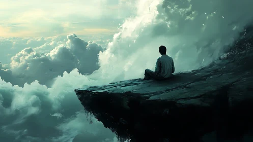 Solitary figure seated on rocky ledge above dense clouds.