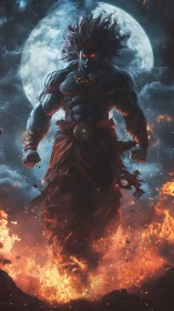 Mythic fire god rises before a moonlit storm sky