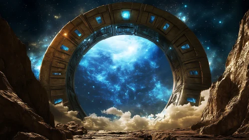Massive sci fi stargate framed by rocky alien cliffs.