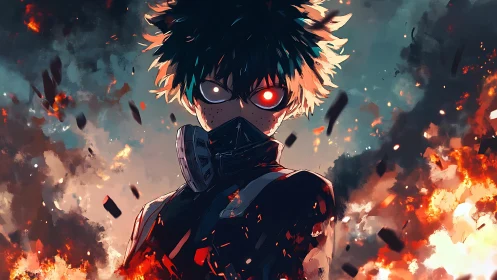 Masked ember-eyed antihero stalking through painted firestorm.