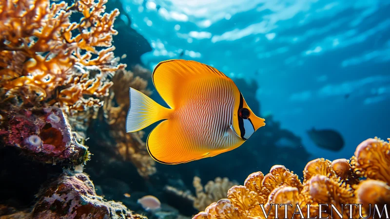 Sunlit butterflyfish glides through coral canyons in gold.