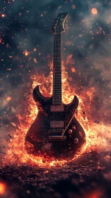 Inferno-struck electric guitar blazing in molten embers.