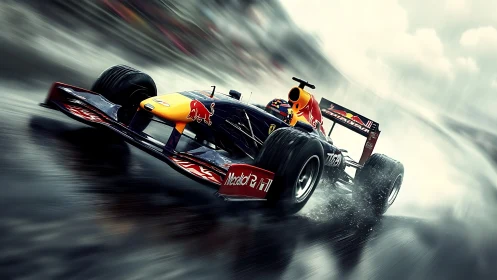 Hydrodynamic F1 chassis attacking rain-slick apex at speed.
