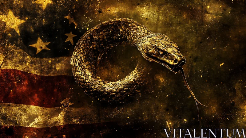 Coiled serpent ouroboros over distressed American flag field