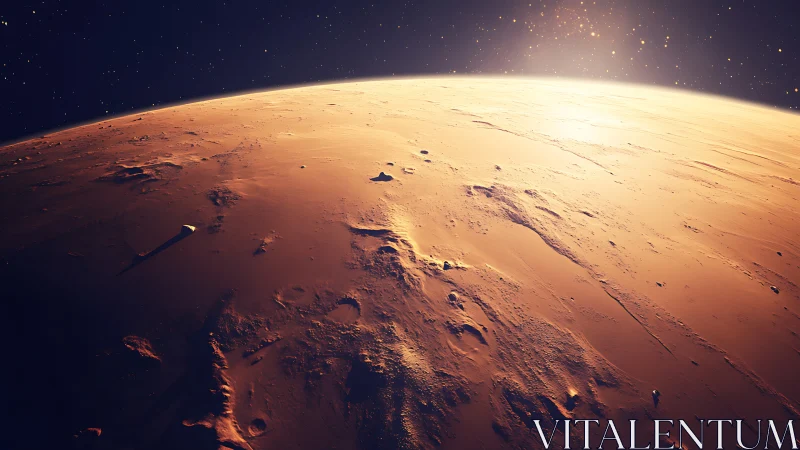 Sunrise brushes a silent red planet with molten gold light.