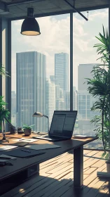 Modern Office Workspace. High-Rise Cityscape View.
