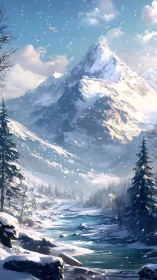 Snow-swept summit dreaming above a turquoise mountain river.