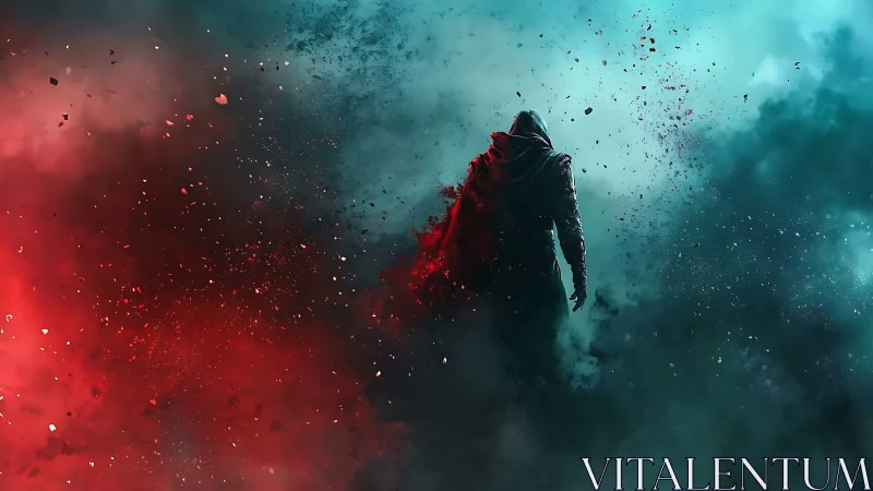 Hooded figure in red cyan particle blast cloud, backlit