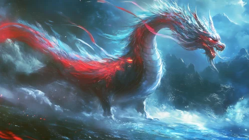 Mythic crimson water dragon surges through storm surf.