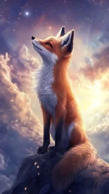 Fox on rocky peak against illuminated clouded sky.