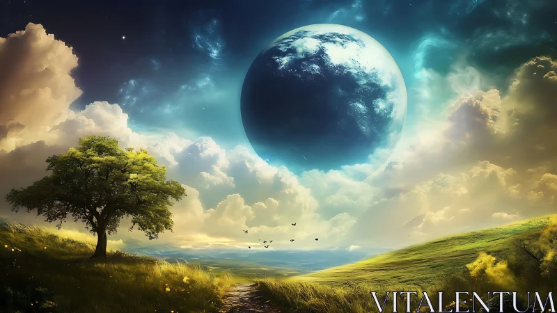 Planetary horizon dominates luminous pastoral dreamscape