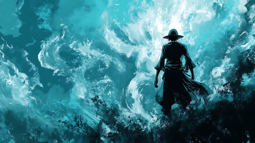 Silhouetted wanderer stands before swirling teal storm.