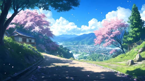 Gentle hill path opens onto a bright cherry blossom valley