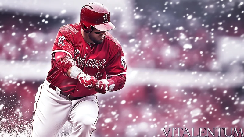 Baseball player sprints through swirling snow in motion.