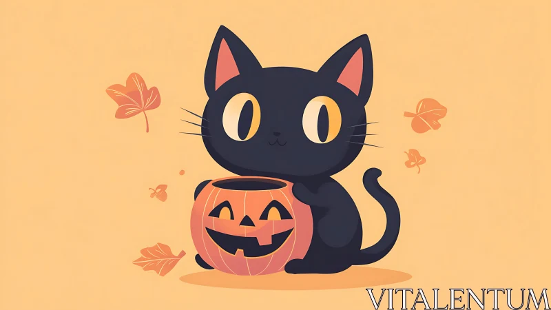 Black Cat with Pumpkin Bucket on Peach Background.