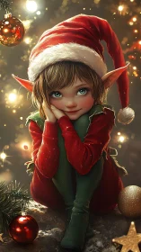 Daydreaming Christmas elf in soft golden twinklelight glow.