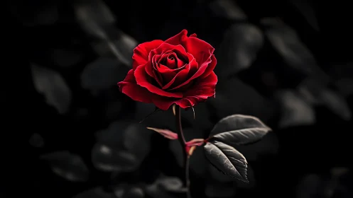 Crimson bloom commands attention against obsidian darkness