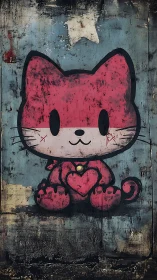Distressed kawaii cat graffiti with heart motif on corroded panel