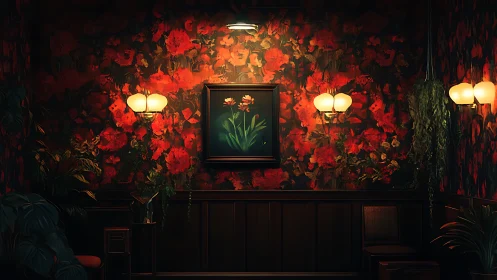 Digital painting of floral wall vignette with moody bar lighting.