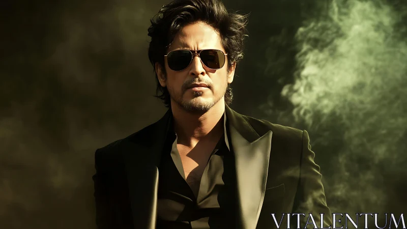 Man in dark suit and sunglasses stands before smoky backdrop