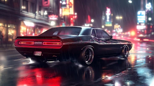Black muscle car stands on wet neon city street at night