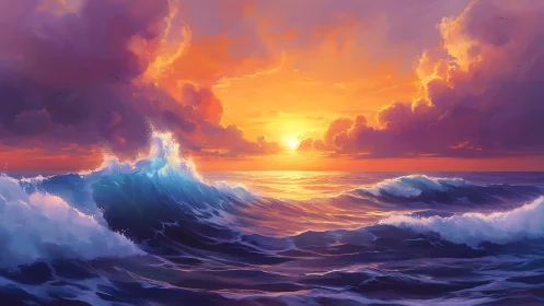 Sunset light intersects mid-ocean waves under dense clouds