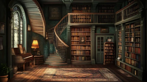 Curved staircase library interior with piano and stained glass.