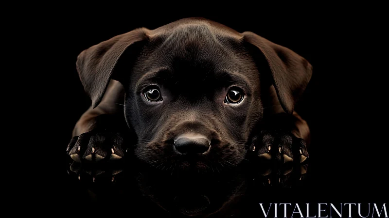 Black puppy lies facing forward against deep black background