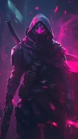 Hooded cyber assassin strides through neon magenta storm