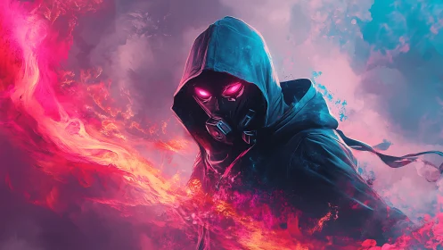 Hooded cyber warrior strides amid neon firestorm clouds.