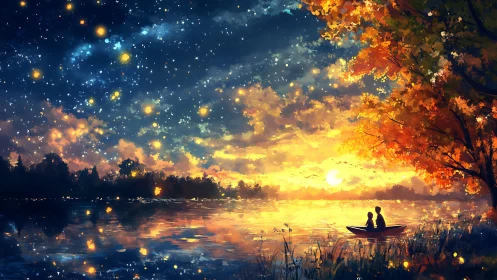 Two figures in a boat observe a luminous lake sunset