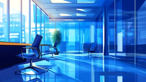 Modern Glass Office with Blue Light and City Views