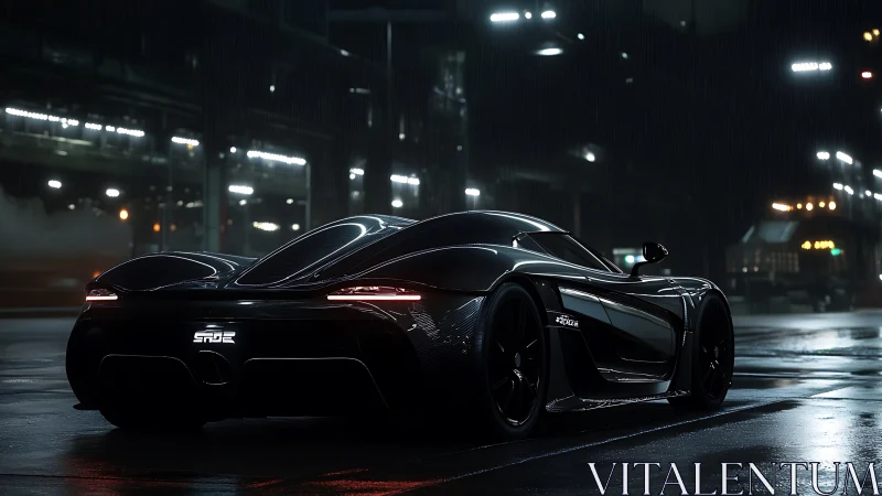 Sleek black supercar parked on wet city street at night.