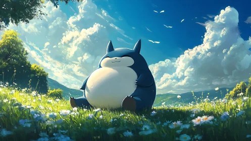 Drowsy meadow guardian naps beneath a sky of sailing clouds