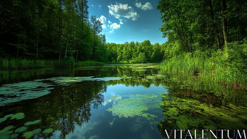 Forest pond reflects dense tree line under clear sky